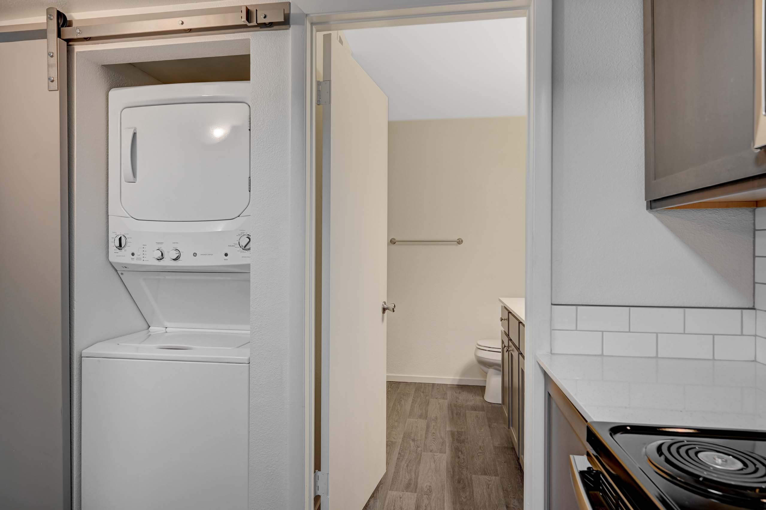 Solstice studio apartment interior - bathroom and washer/dryer